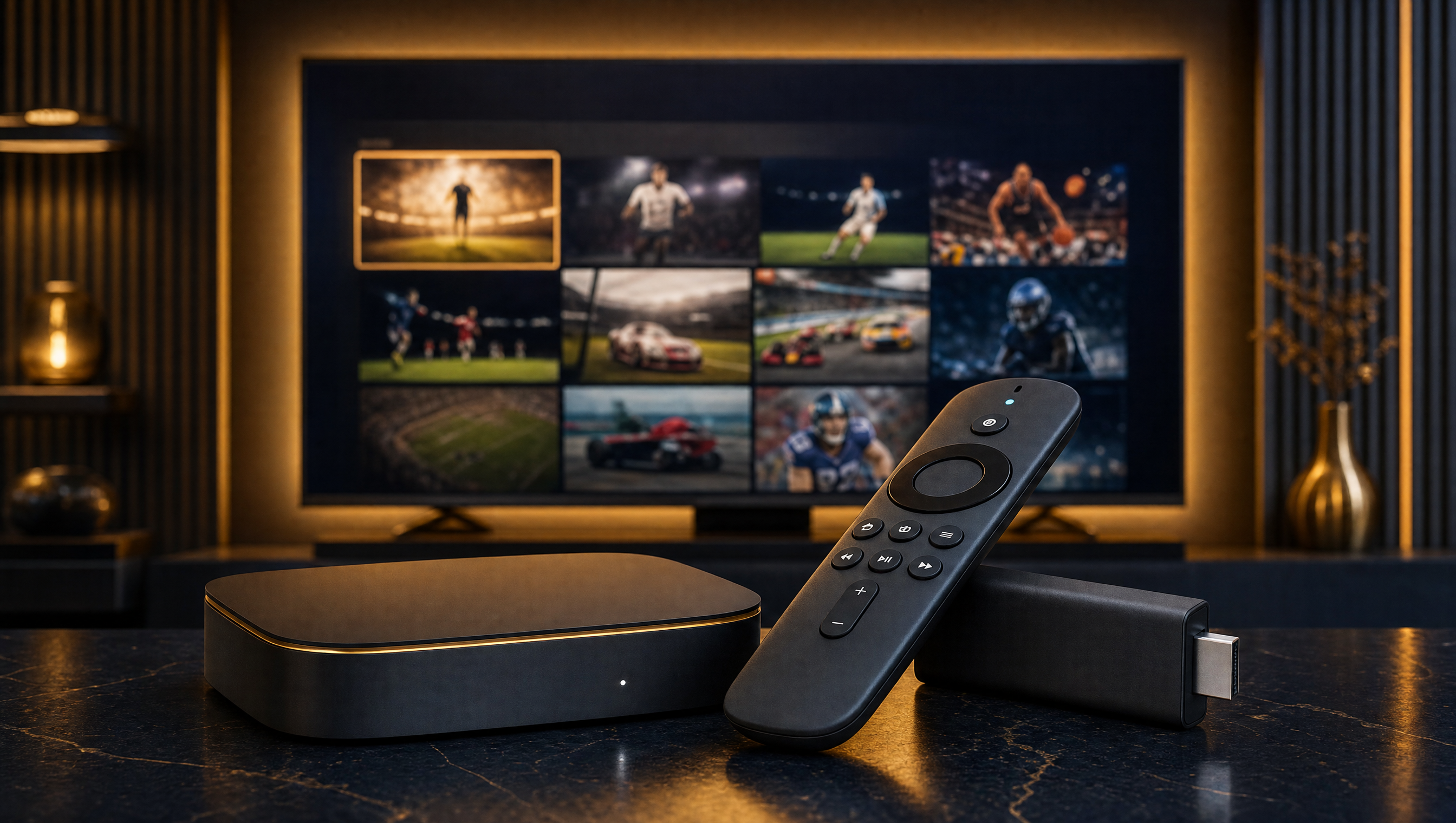 TiviMate player running Strong 8K on an Android TV box with a tiled channel grid and programme guide
